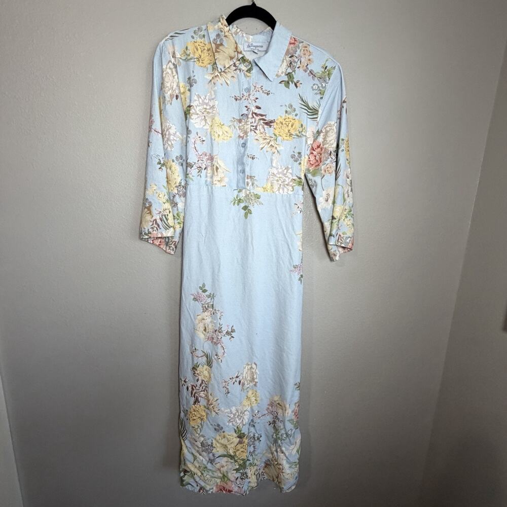Le Ragazze Dress Maxi Large Blue Linen Blend Floral Boho Cottage Romantic Italy